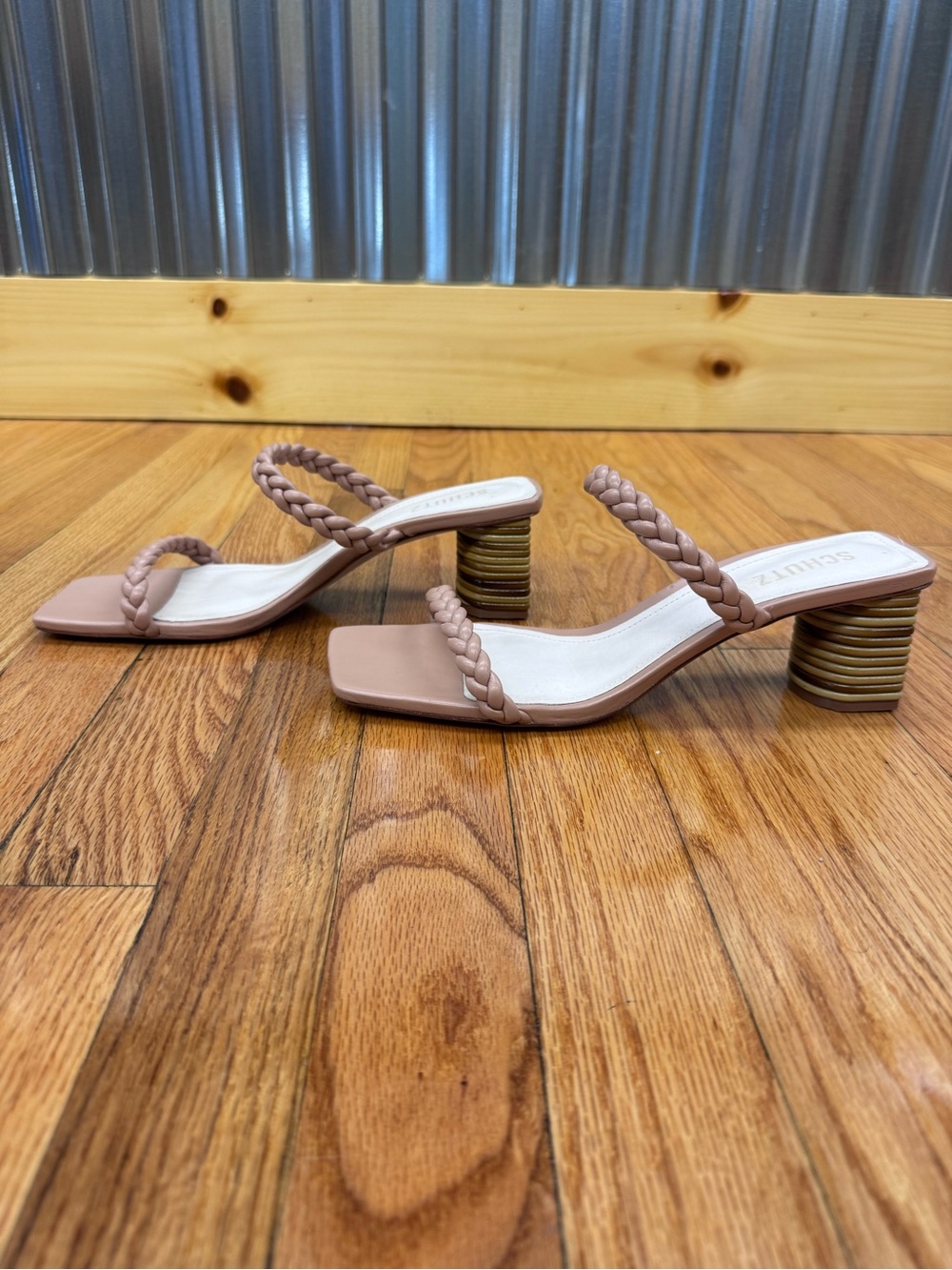 Schutz Braided Strap Beige/Nude Block Heel Sandals Square Toe